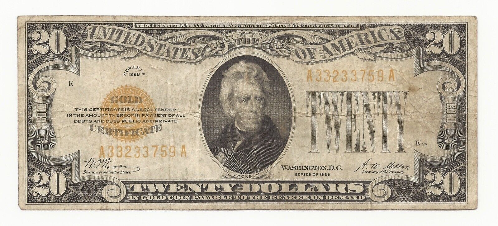 1928 Small Size $20 Dollar Bill Gold Certificate Free Shipping 759a-dcem