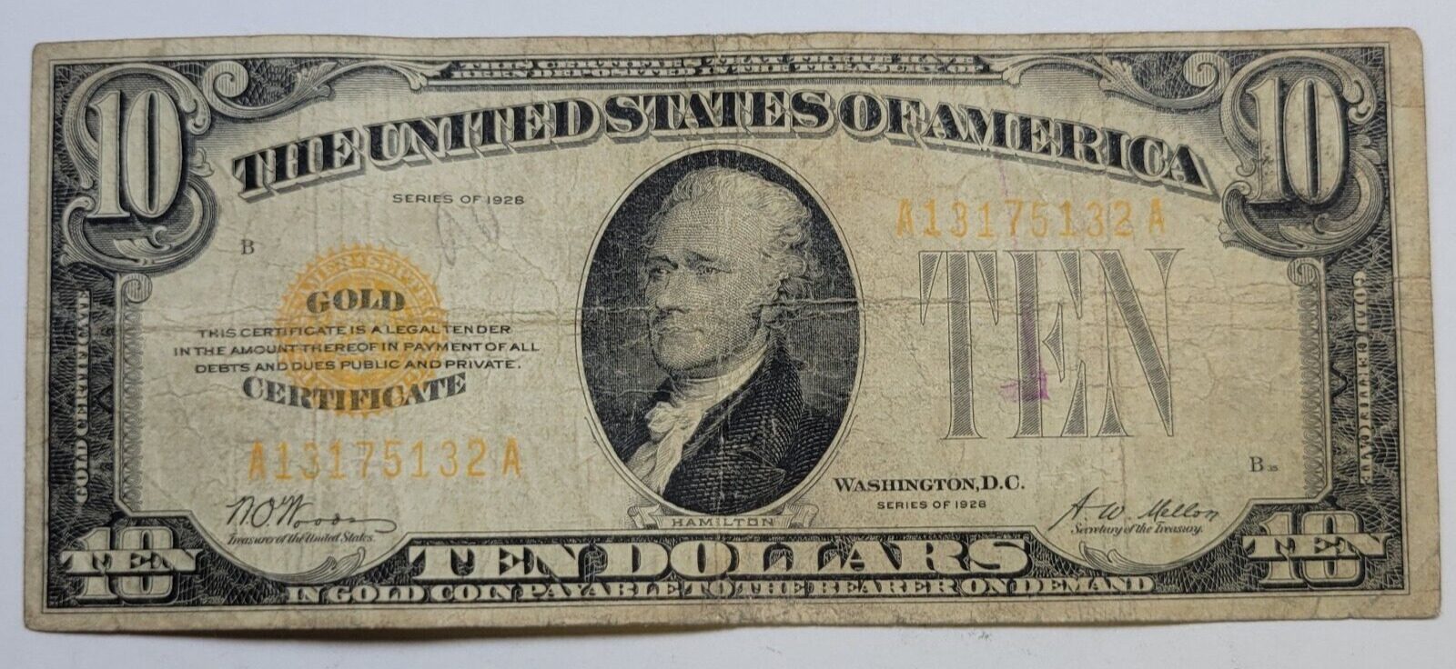 1928 $10 Gold Certificate Small Size Circulated No Holes Ink (v665)