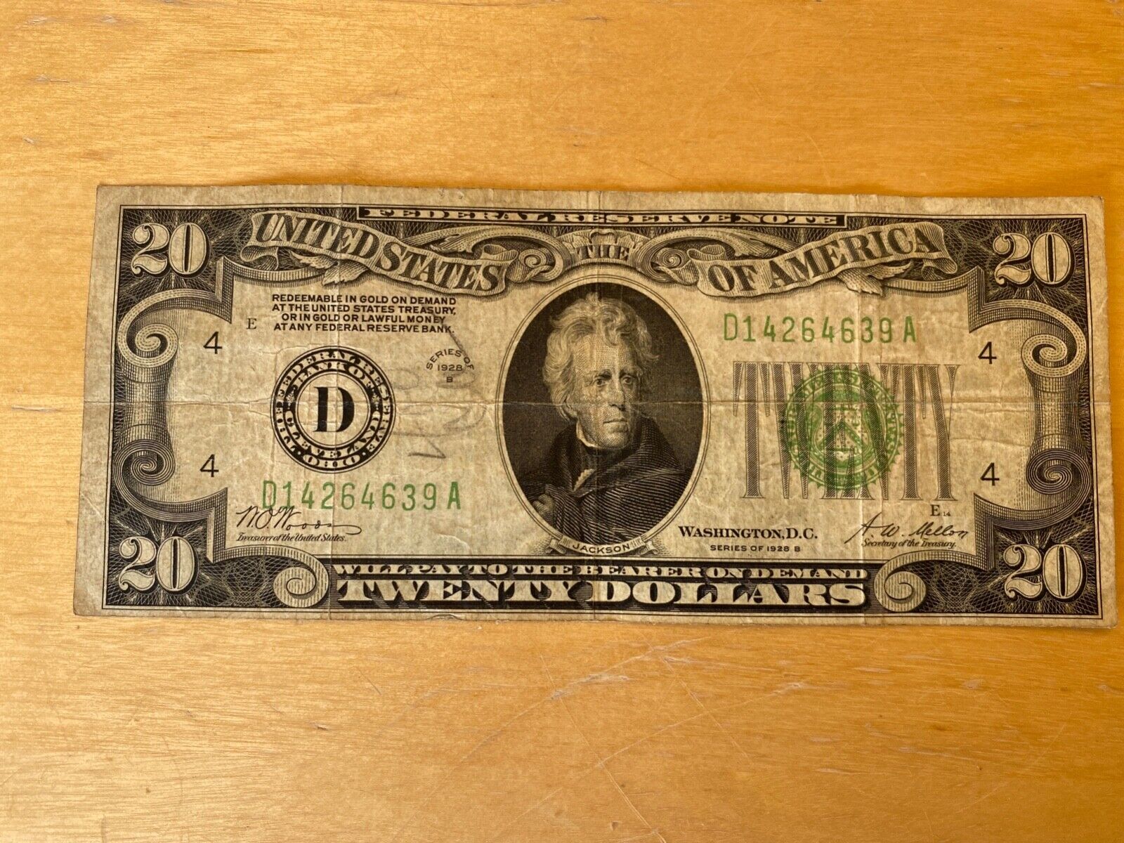 1928 $20 Gold Certificate Fine Circulated Note Washington, D.c.