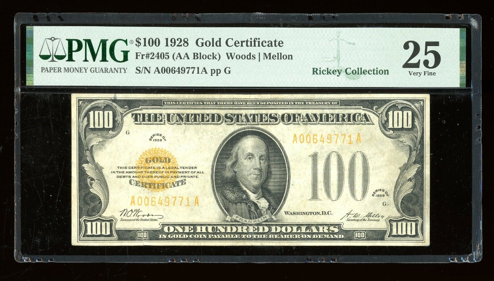 Dbr 1928 $100 Gold Certificate Fr. 2405 Pmg 25 Serial A00649771a