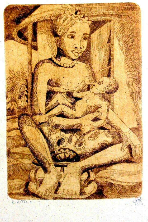 African Painting Etching Limited Edition 'mother Child'  By Robinson Ntila - New