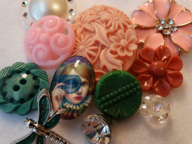Fabulous Vintage & New Pink Green Buttons Cameos Czech Glass Flowers Dragonfly +