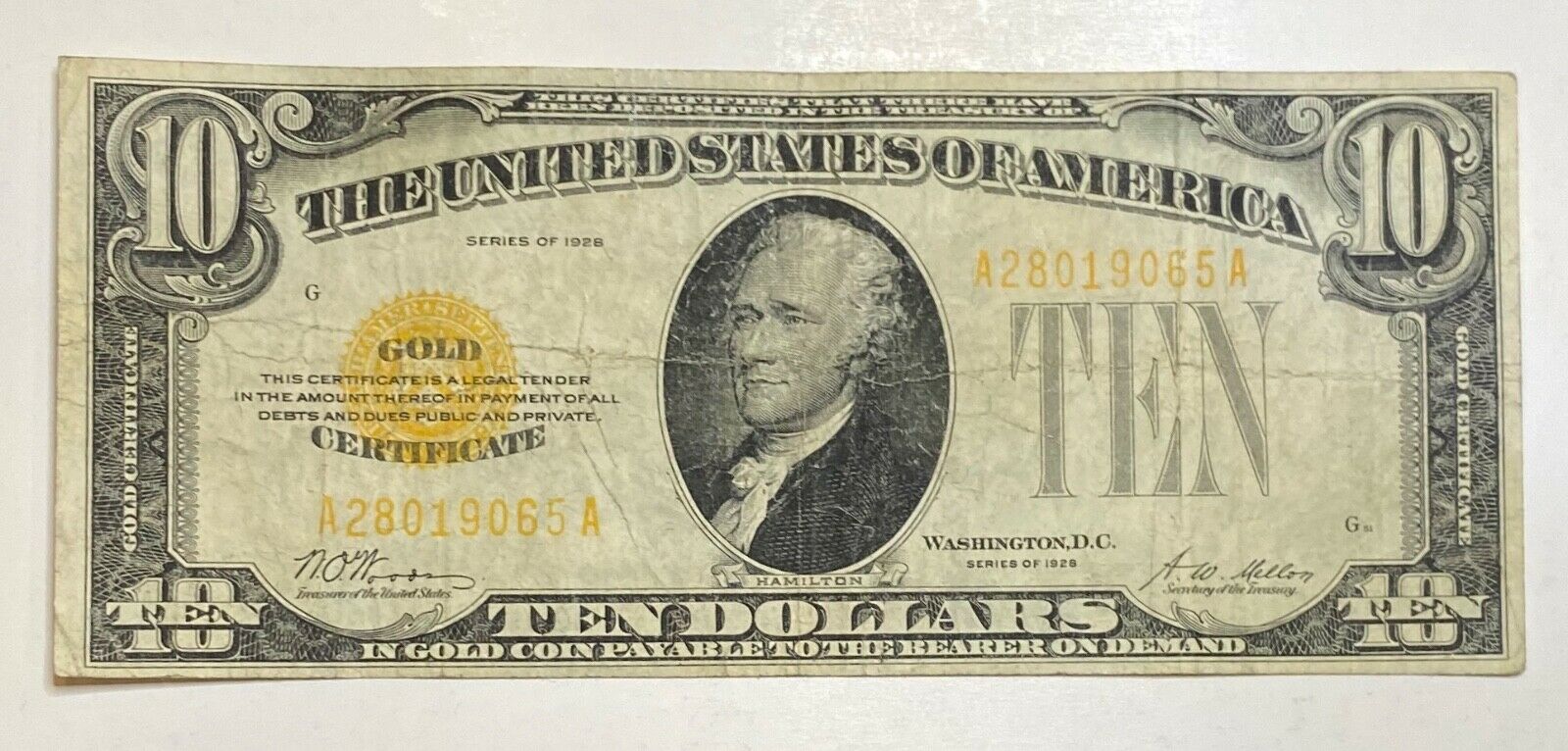 1928 Small $10 Gold Certificate Currency Note Serial #28019065