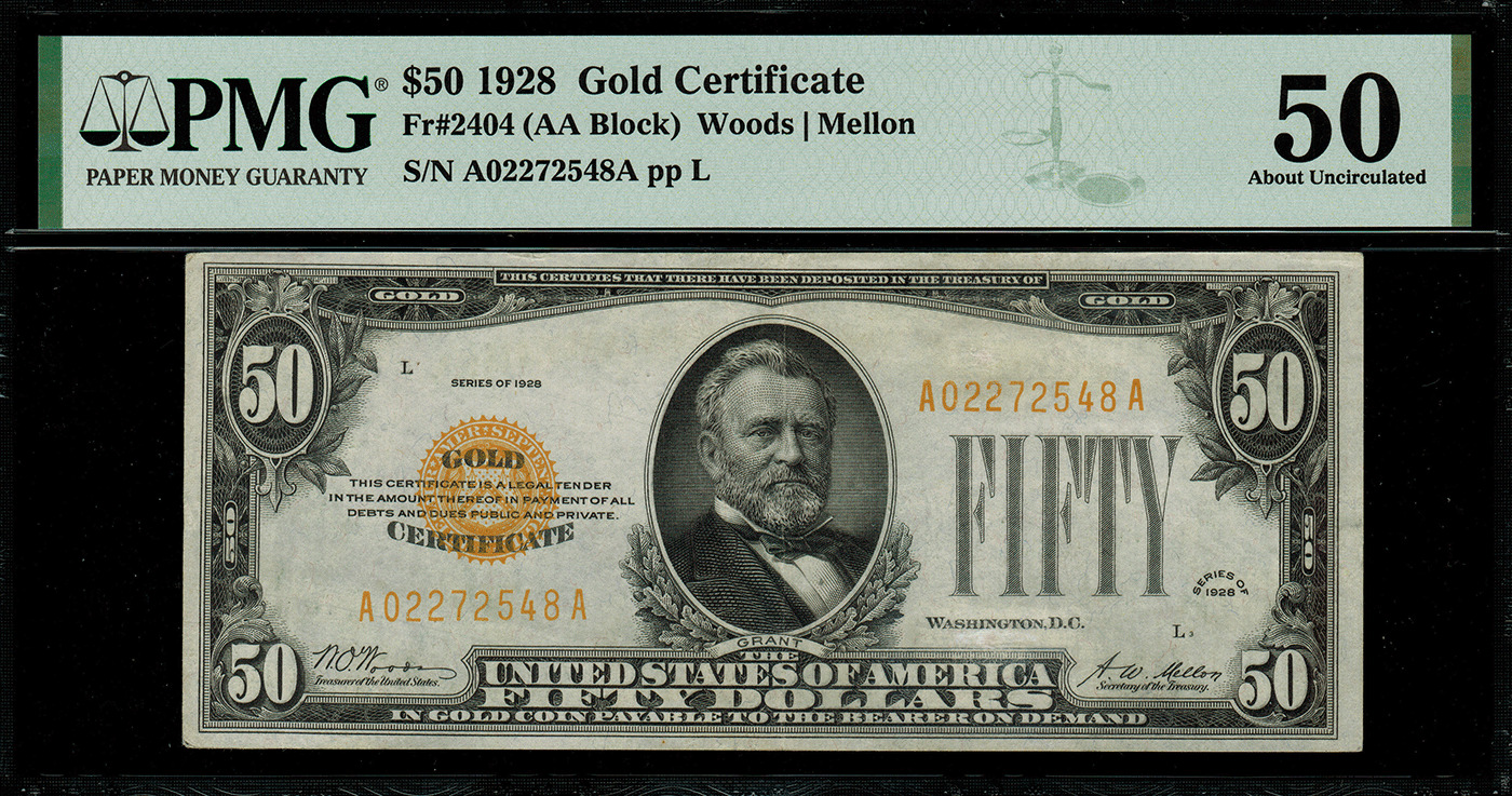 1928 $50 Gold Certificate Fr-2404 - Graded Pmg 50 Comment - About Uncirculated