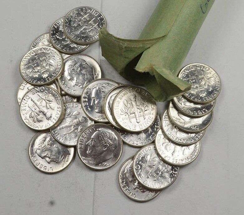 1958-1964 Unc Bu Ms Roosevelt Dime $5 Face 90% Silver Roll (50) Bulk Available