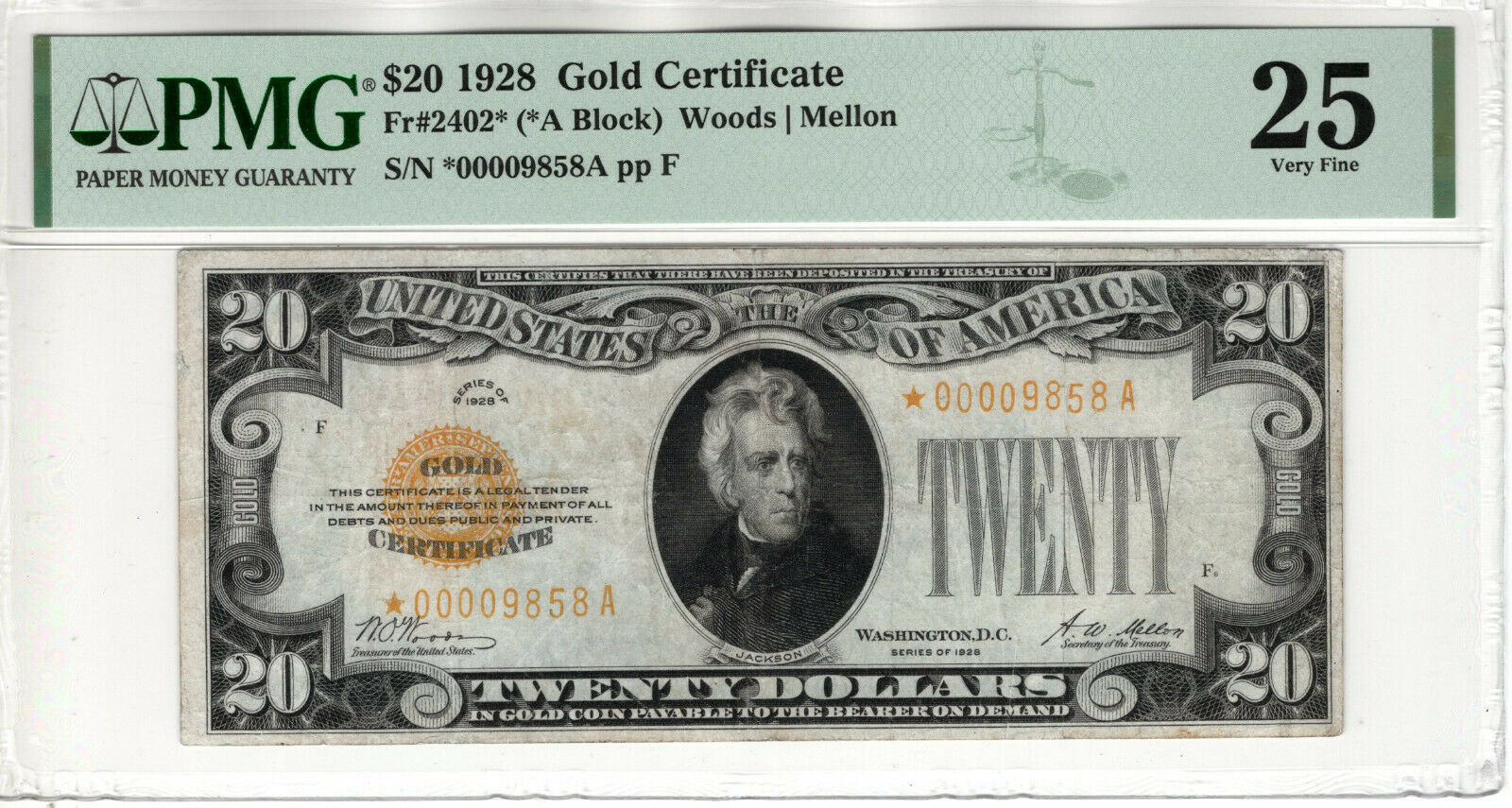 1928 $20 Gold Certificate Star Note Fr.2402* Aa Block Pmg Very Fine Vf 25 (858a)