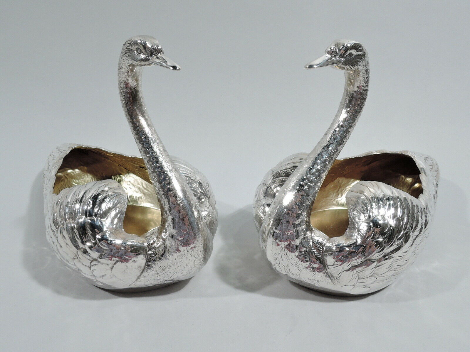 Gorham / Durgin Bowls - 33 - Pair Antique Swan Bird - American Sterling Silver