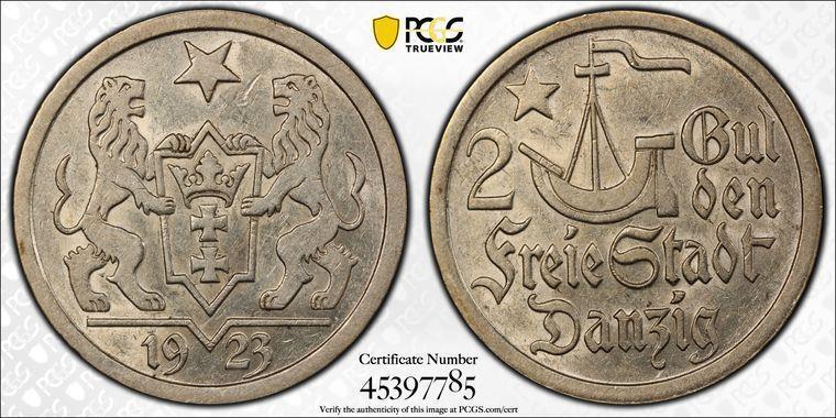 Free City Of Danzig 1923 2 Gulden Pcgs Graded Au55 Silver World Coin 🌈⭐🌈