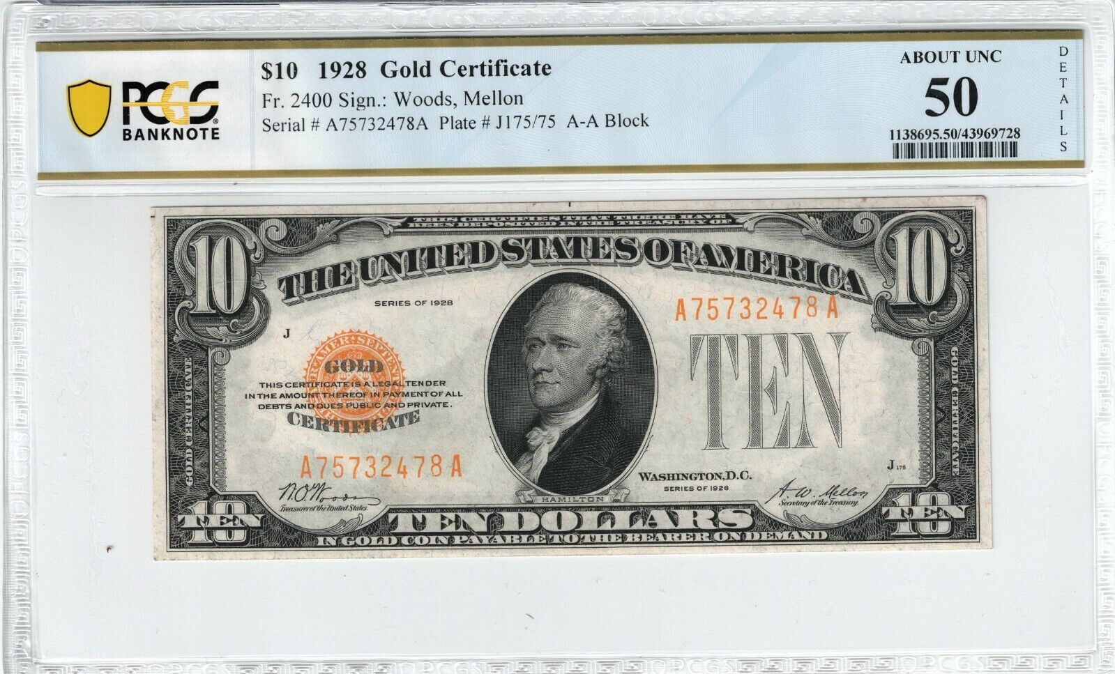 1928 $20 United States Gold Certificate Note - A75732478a  Pcgs Au-50 - Gorgeous