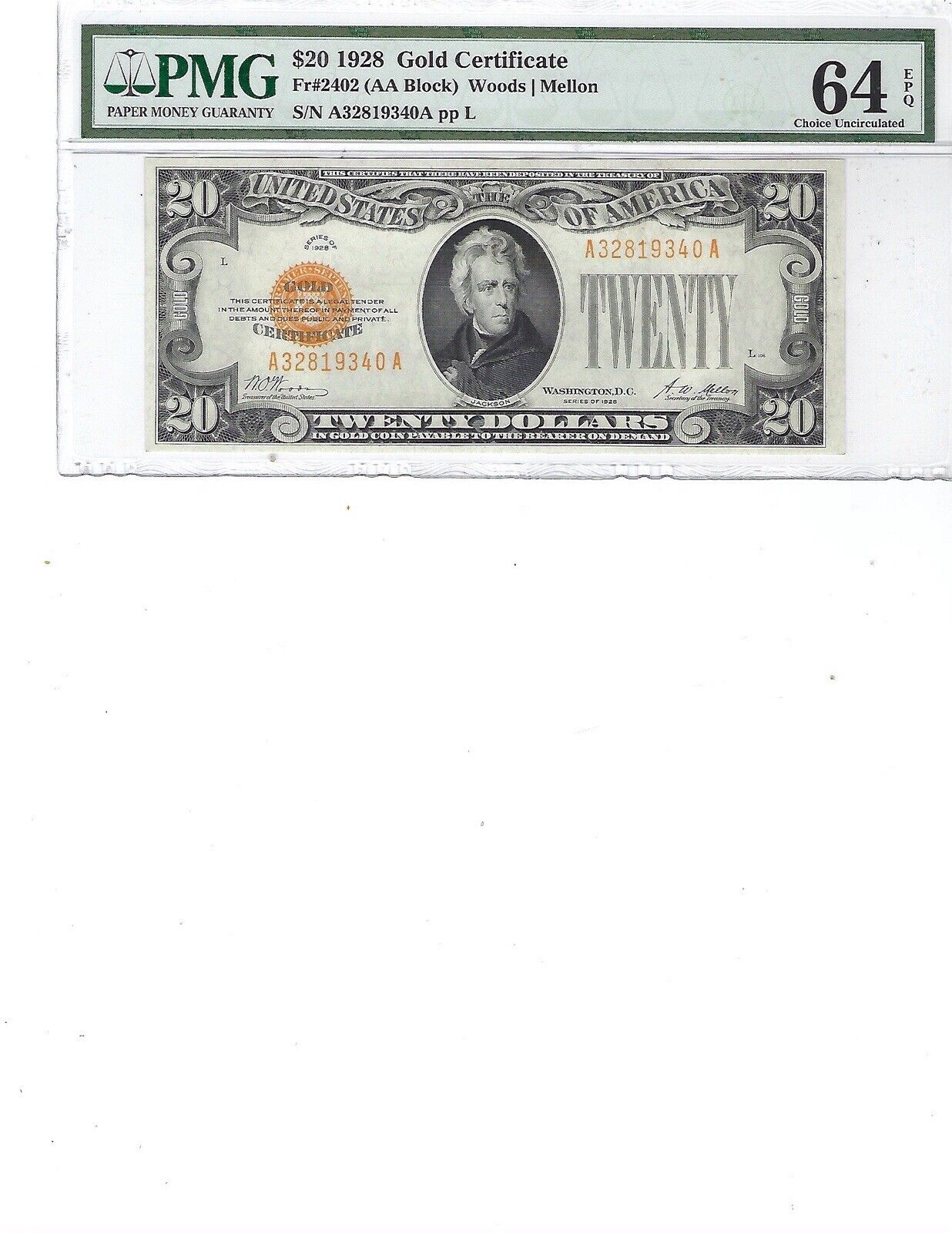 1928 $20 Gold Certificate Fr2402 Pmg 64 Ch Unc Epq, Woods/mellon High Quality!!!