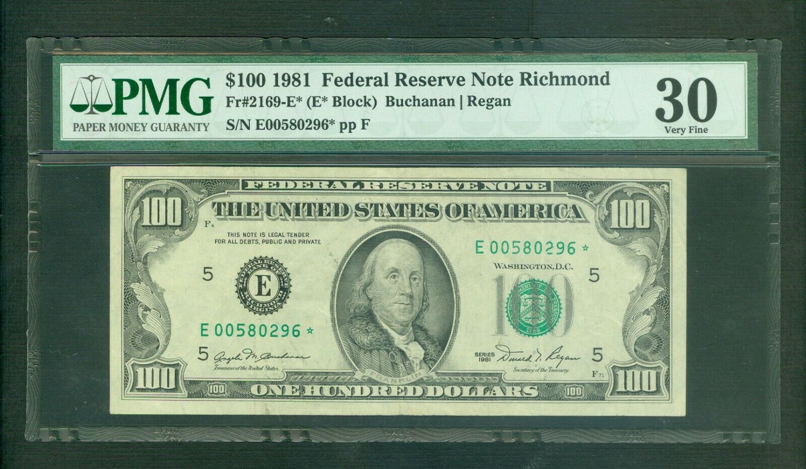 Fr#2169-e* 1981 $100 Rare Richmond Star Note Pmg Vf 30 Great Star Note