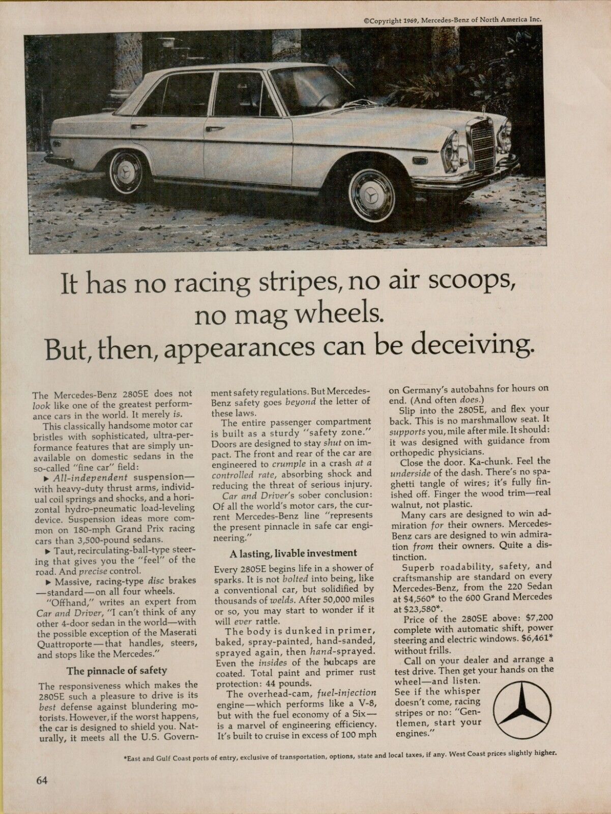 1969 Mercedes-benz 280 Se No Racing Stripes Air Scoops Mags Vintage Print Ad