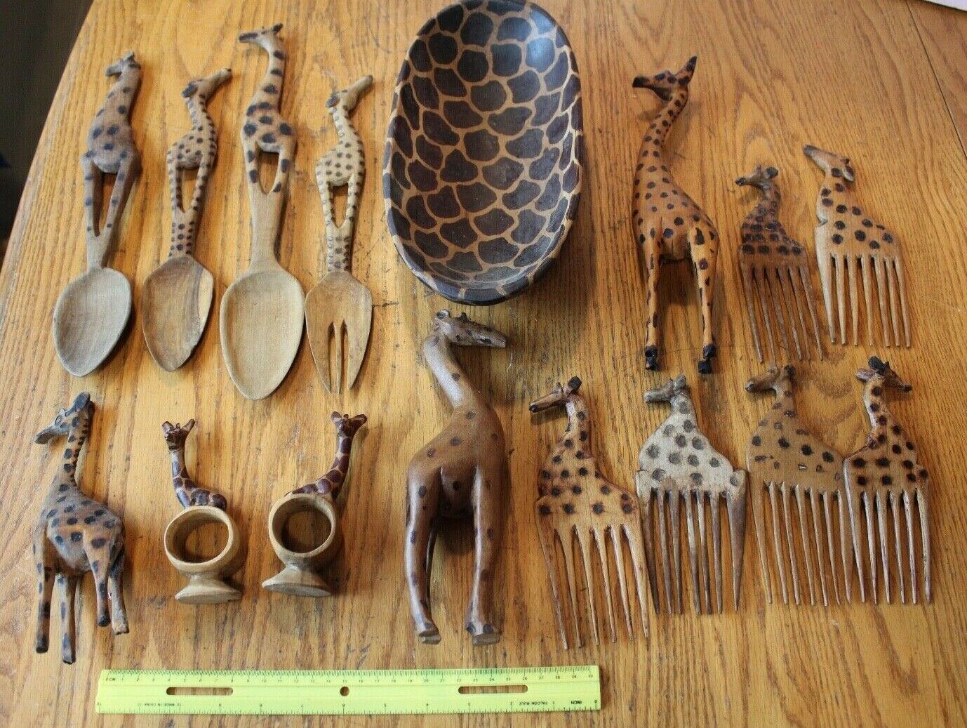 Handmade African Wooden Art Lot Of Giraffe Vintage Spoon Comb Figures Salad Bowl
