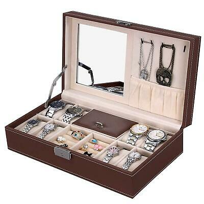 Leather Jewelry Box W/ Lock Men Women Mirror Watch Rings Holder Storage Case