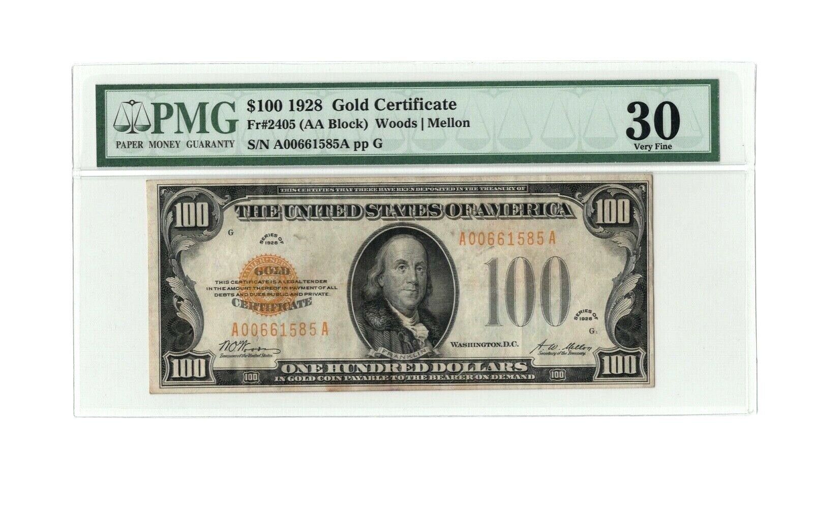 1928 100 Dollar Gold Certificate Pmg Graded Vf30