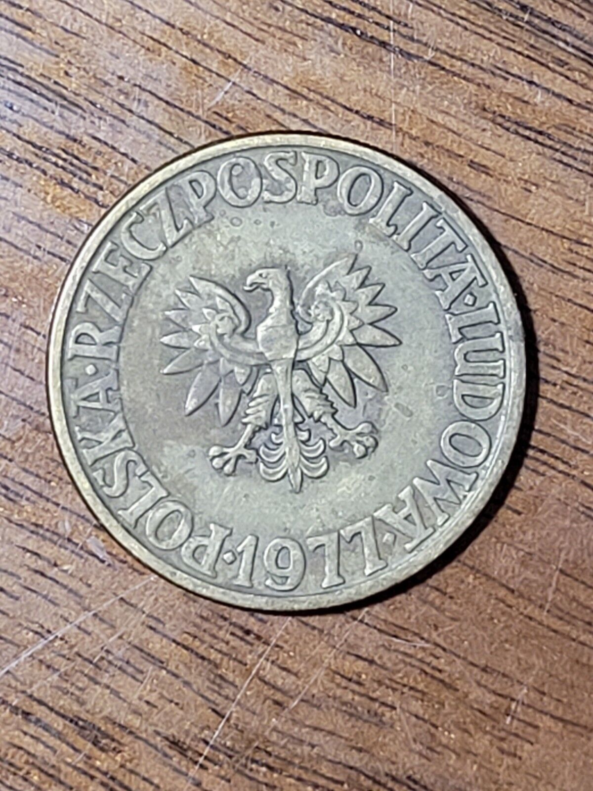 Poland 5 Zlotych Coin, 1977. Km# 81.1, Brass. The White Eagle. Communist Era.