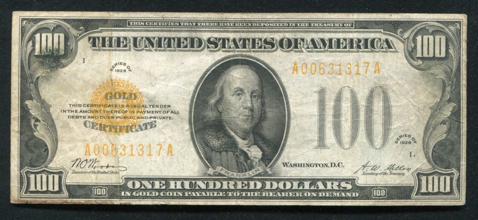 Fr. 2405 1928 $100 One Hundred Dollars Gold Certificate Note Very Fine