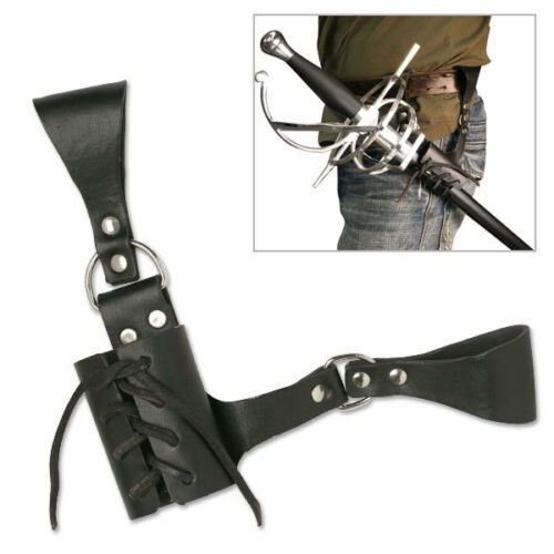 New! Universal Lace Up Black Leather Sword Frog Blade Holder Medieval Belt Carry