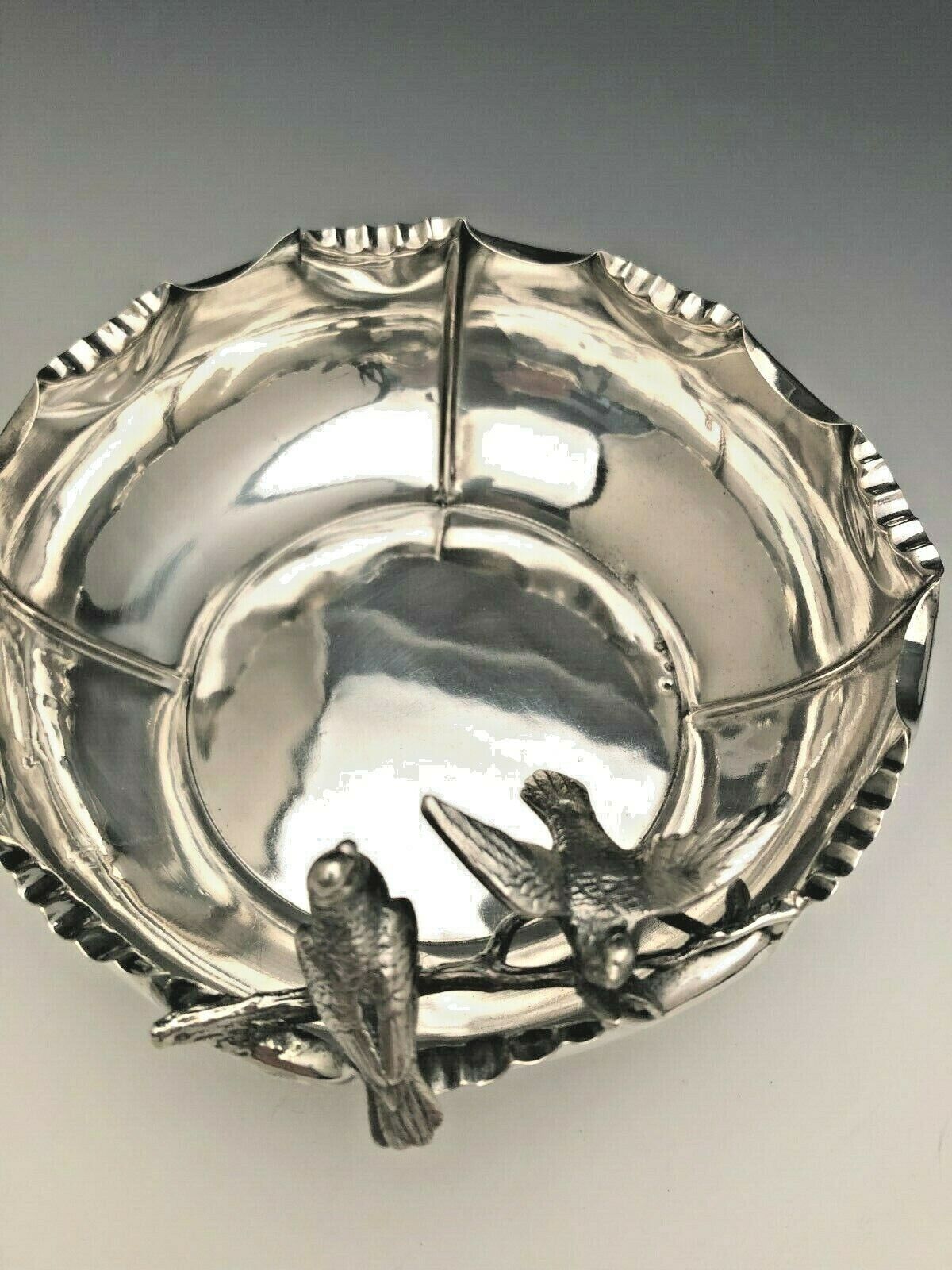Beautiful Sterling Silver Bowl With Full Figure Birds Perched On The Edge