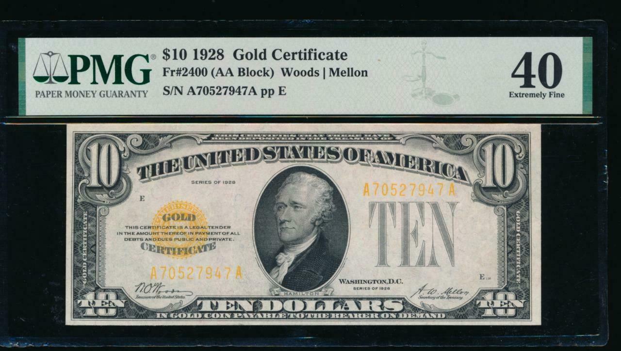 Ac 1928 $10 Gold Certificate Pmg 40 Fr 2400