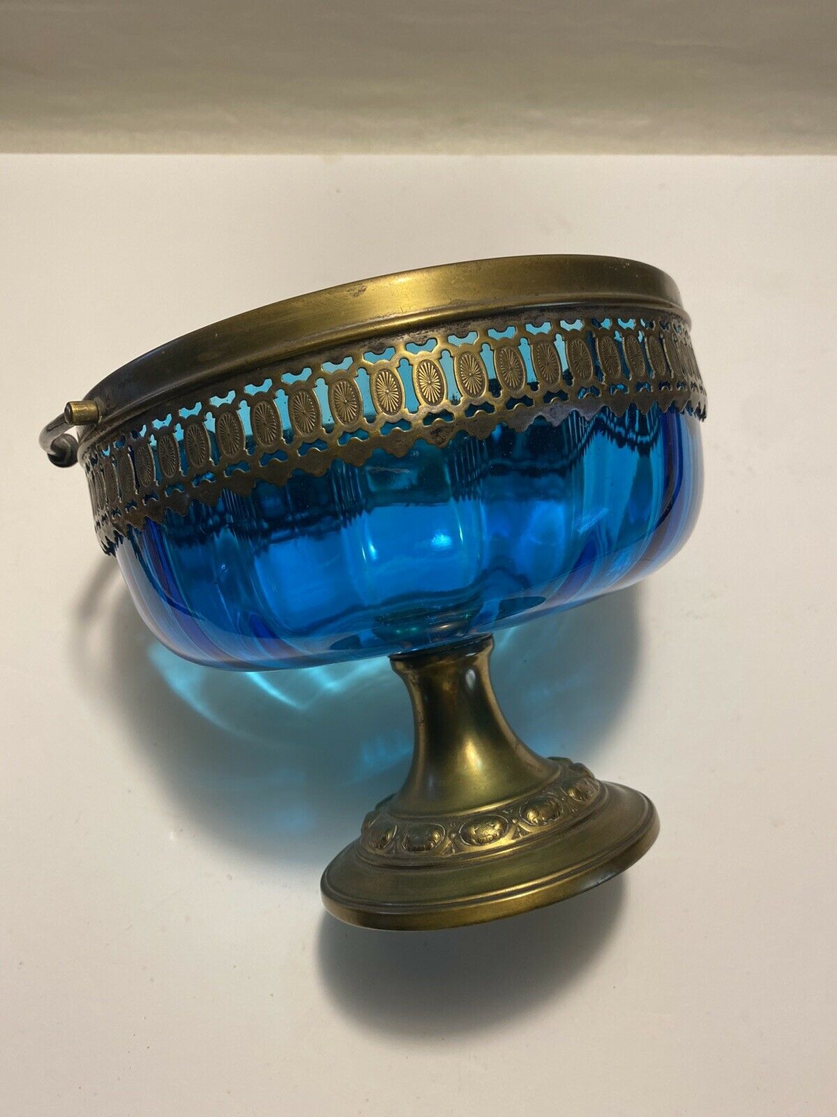 Brass  Handled Bowl With Blue Glass Liner Unusual Rare Vintage