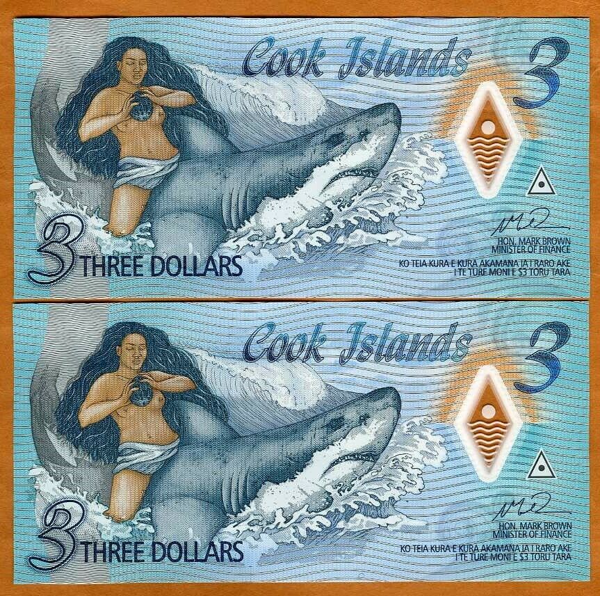 Set Cook Islands, 2 X $3, 2021 Naked Ina & A Shark, P-new Polymer Aa-prefix Unc