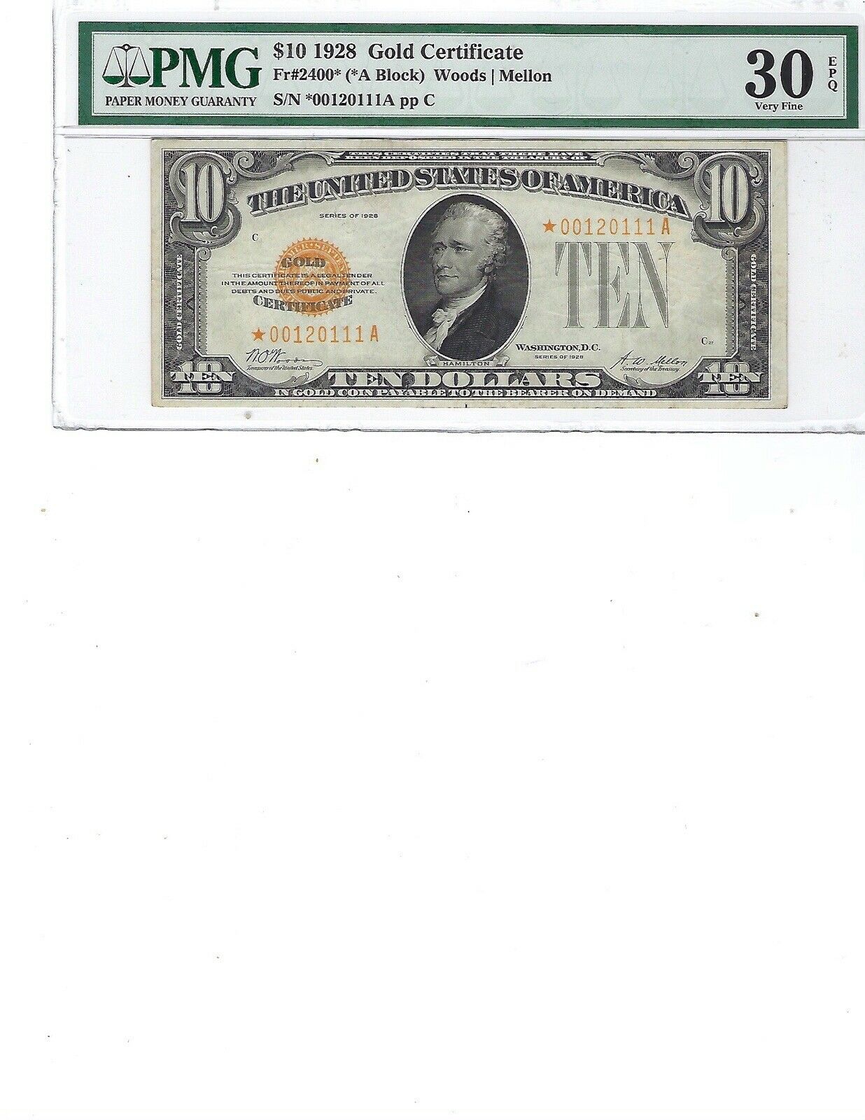 1928 $10 Gold Certificate Fr2400* Pmg 30 Vf Epq!!! Woods/mellon, Star Note!!!