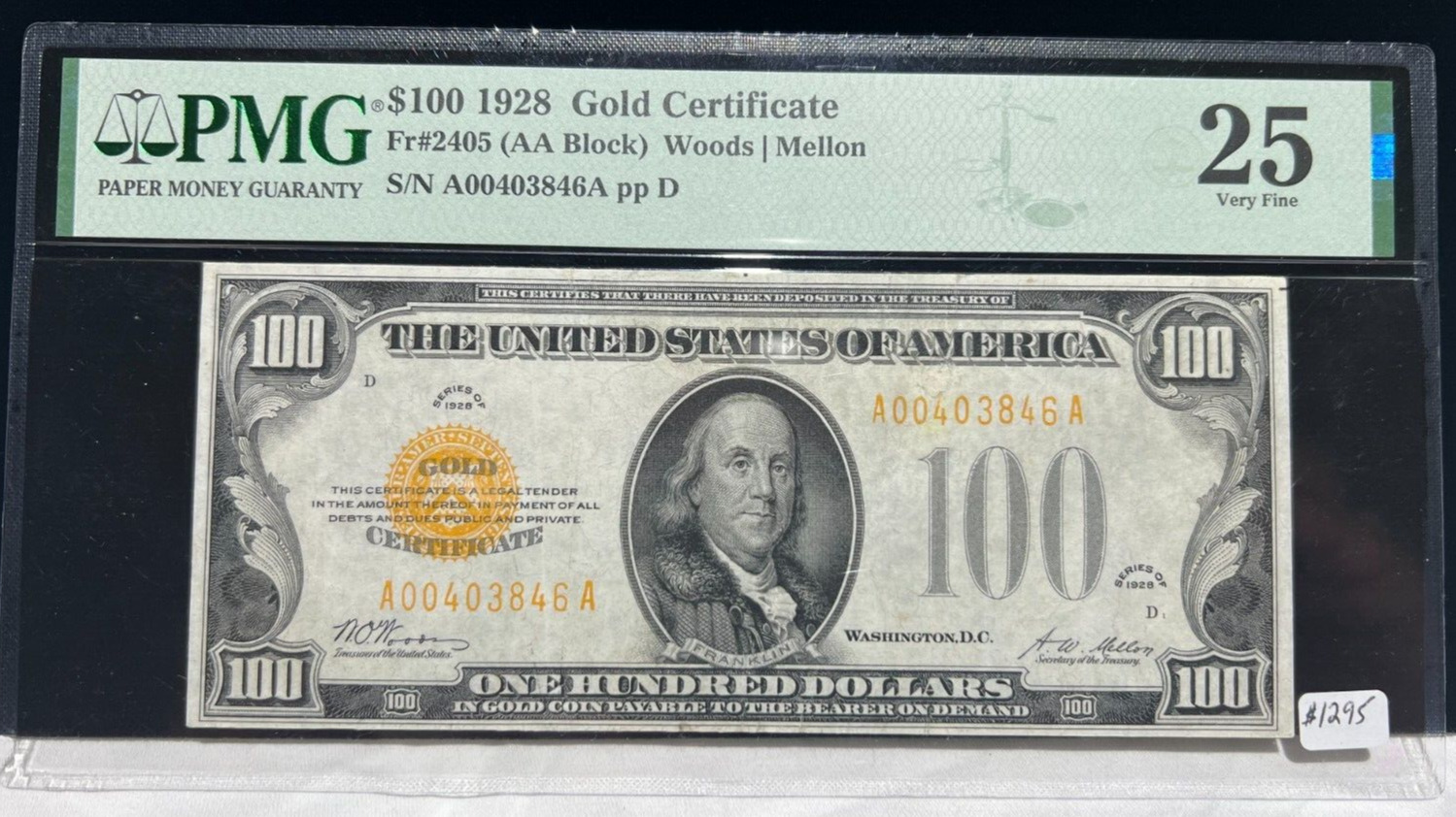 1928 $100 Gold Certificate Aa Block Woods/mellon Fr 2405 Pmg Very Fine 25