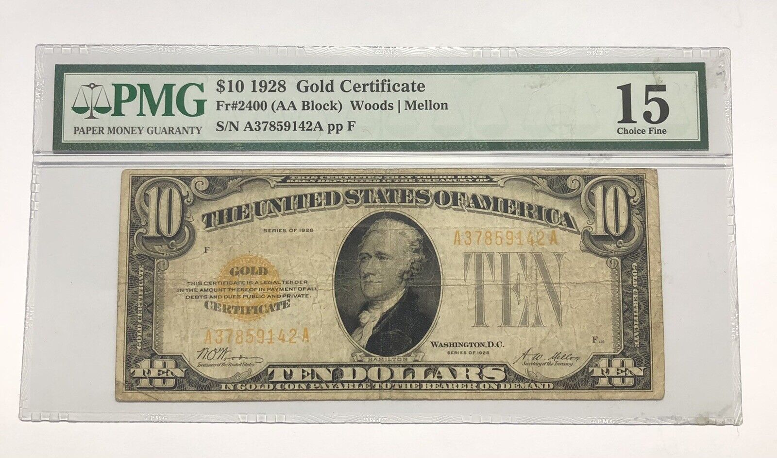 1928 $10 Gold Certificate Fr. 2400 Pmg 15 Woods / Mellon