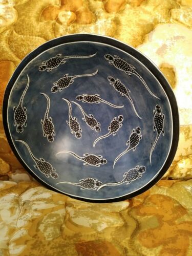 Large 10" Hand Carved Etched Lizard Soapstone Stone Centerpiece Bowl