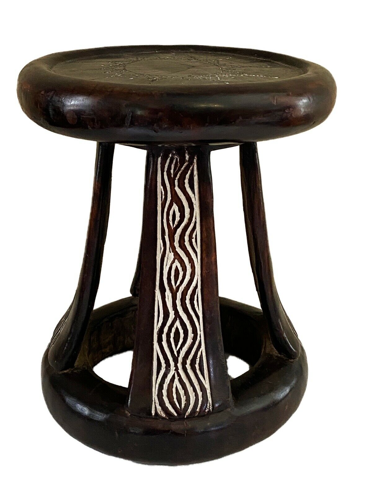 Superb African Baule Low Stool With Carved Pattern 10.75" H
