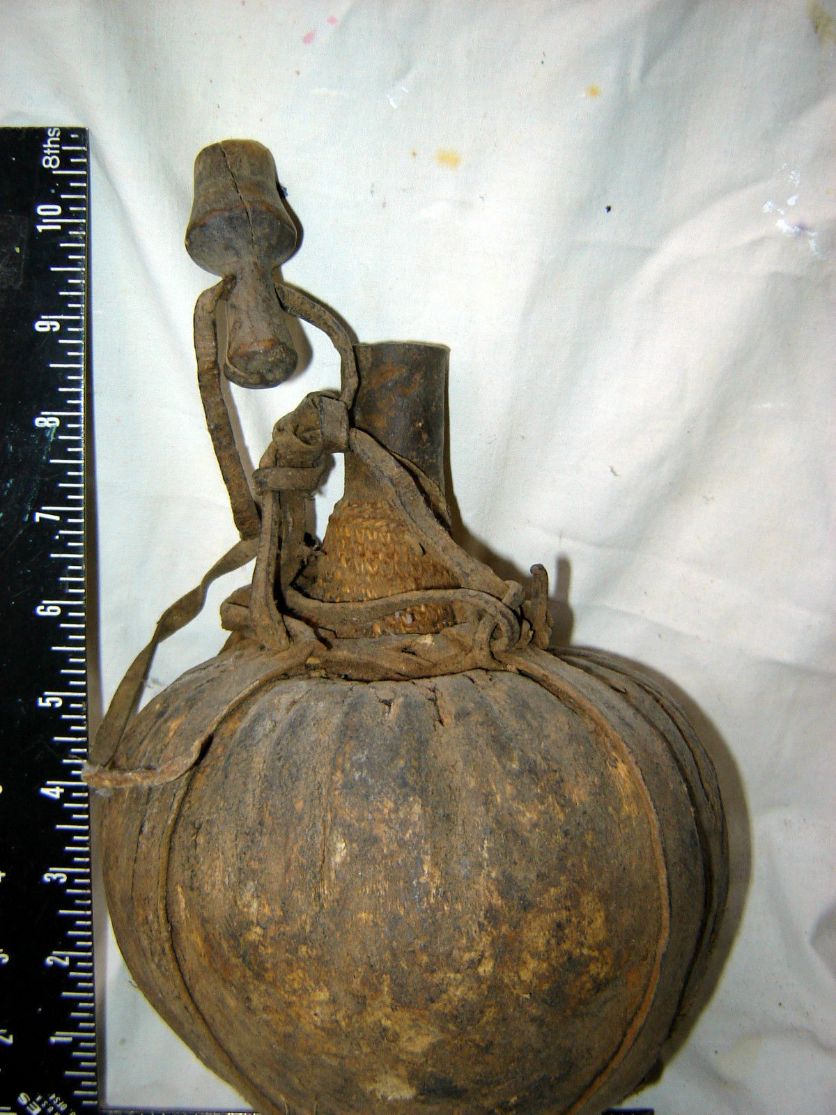 African Gourd Bottle  Old South Africa  Leather Cover Well Used !