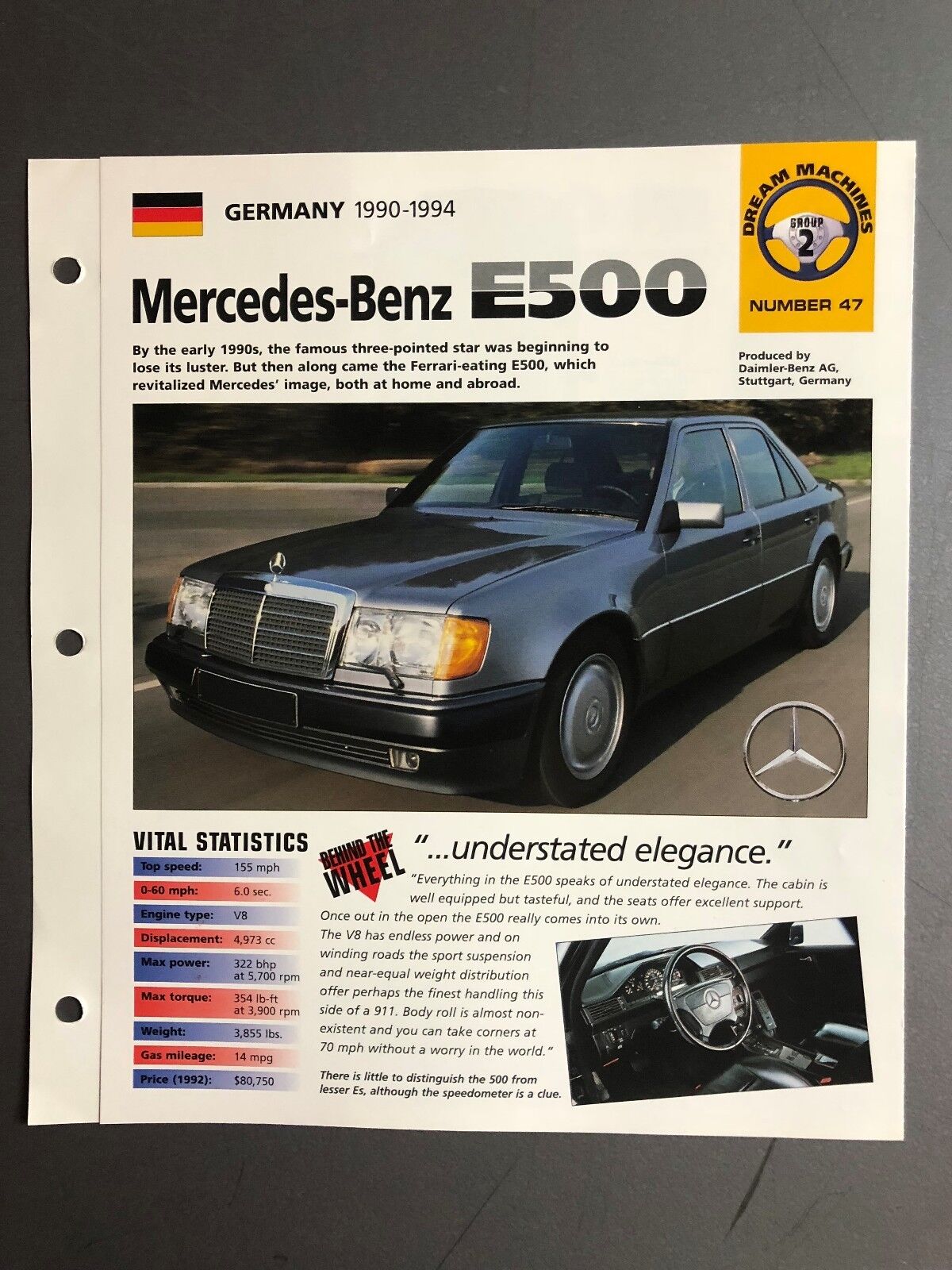 1990 - 1994 Mercedes-benz E500 Sedan Imp "hot Cars" Spec Sheet Folder Awesome