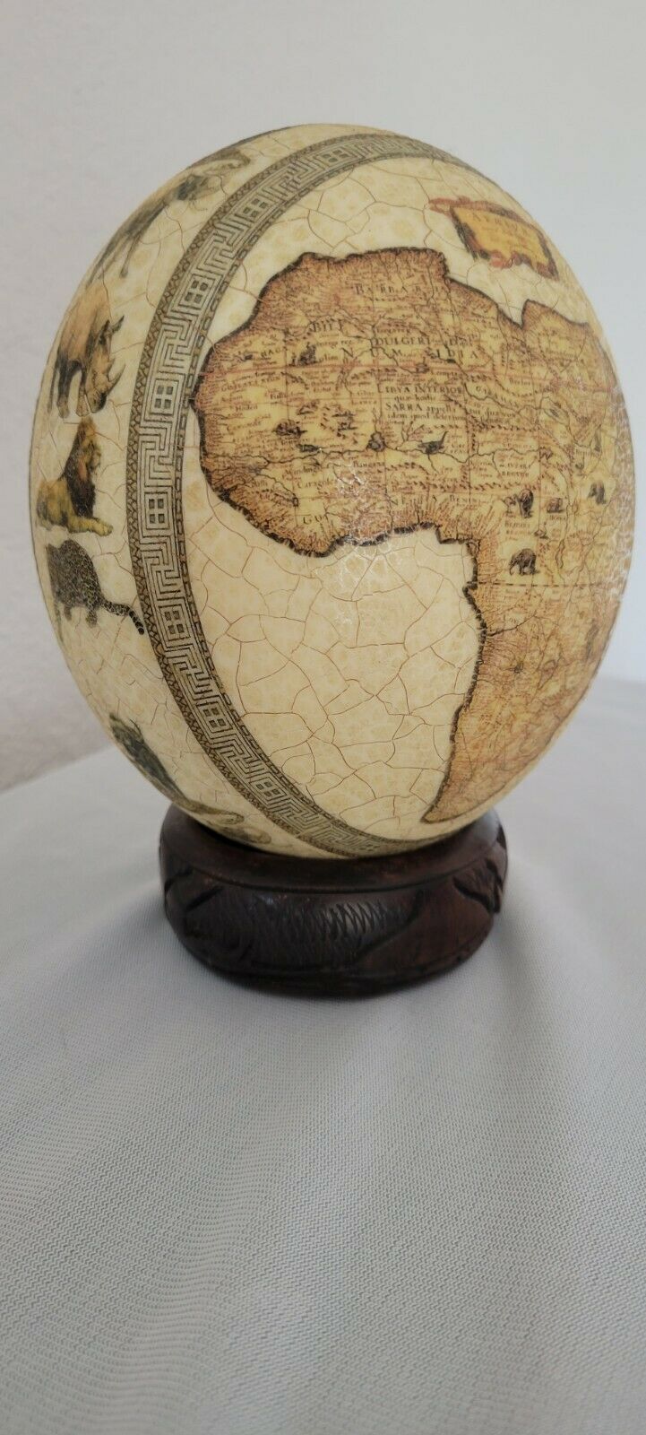Decorated Ostrich Egg With Map Of Africa And African Animals 6" Tall X 5"