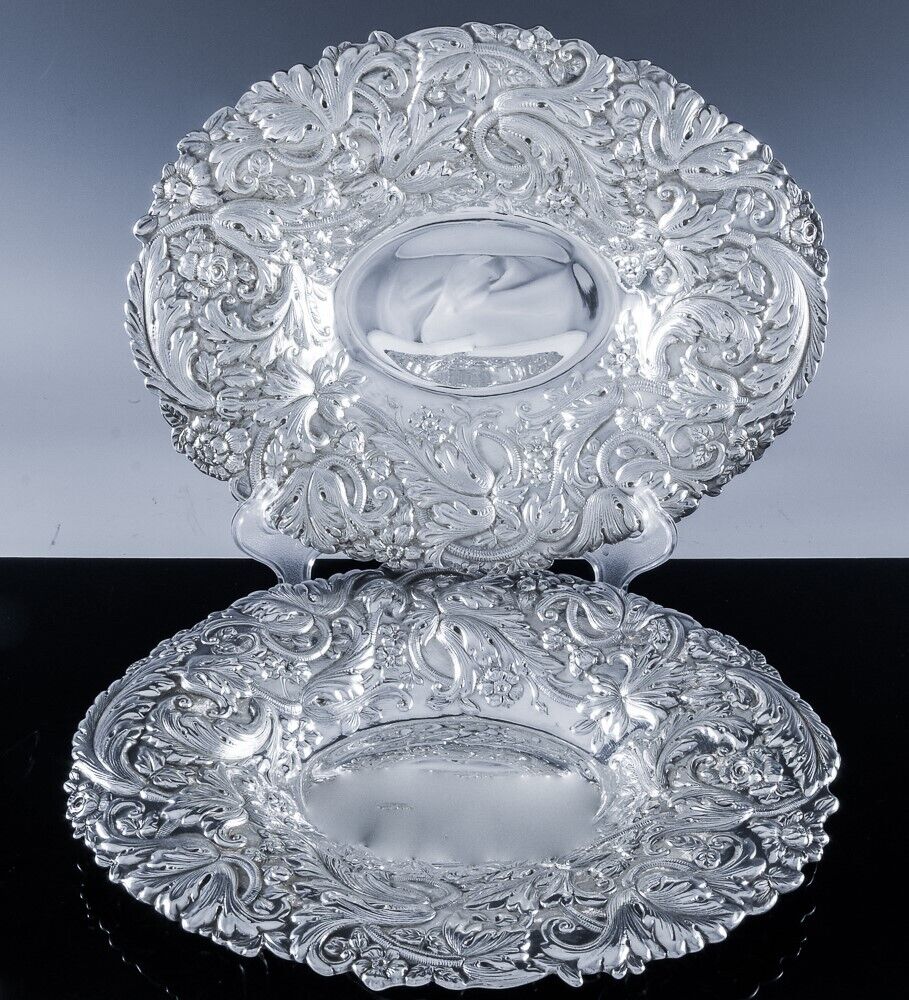 Amazing Pair 1892 Gorham Art Nouveau Rose Repousse Sterling Silver Serving Bowls