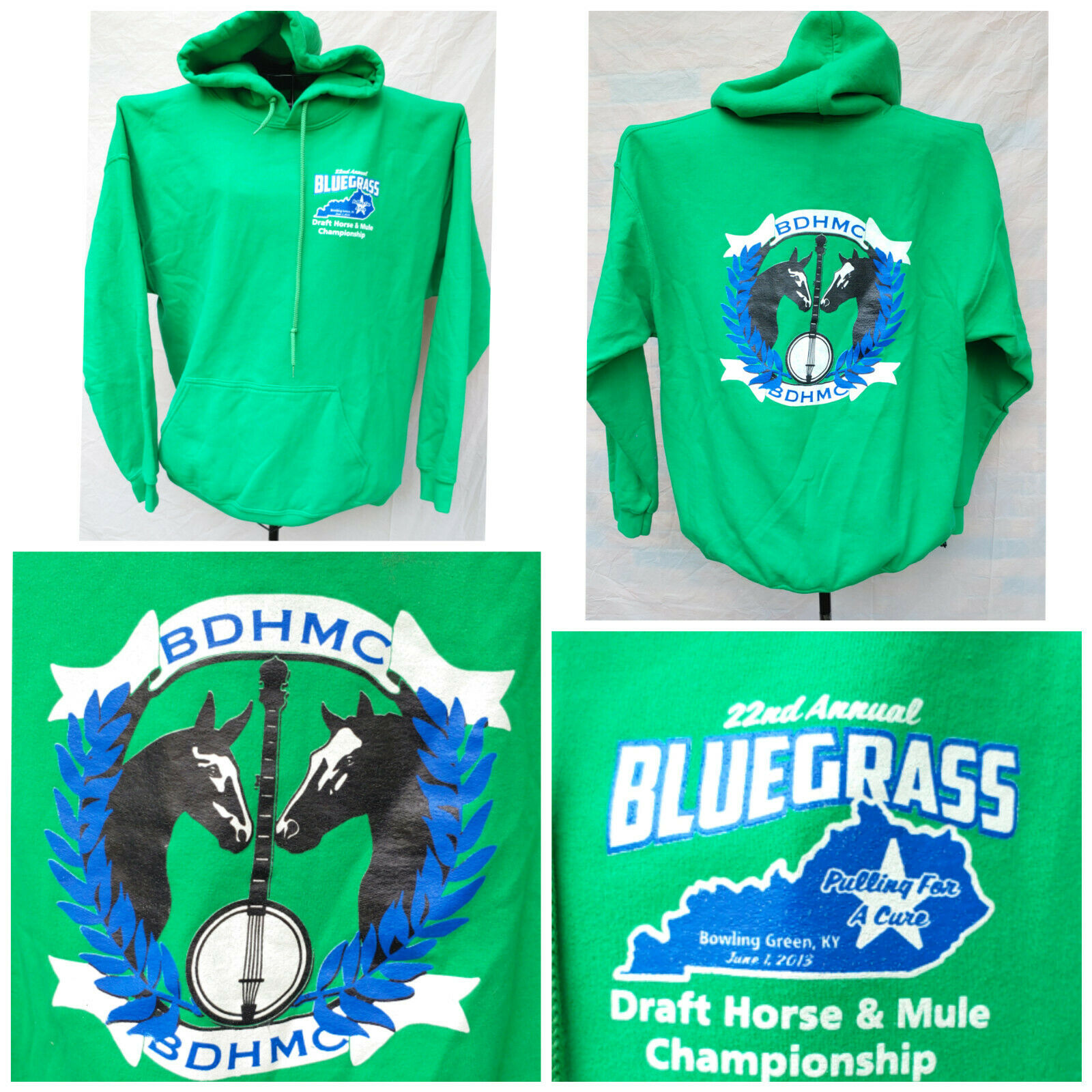 Bluegrass Draft Horse & Mule Championship Sweat Shirt Hoodie Lg Green Bdhmc Logo