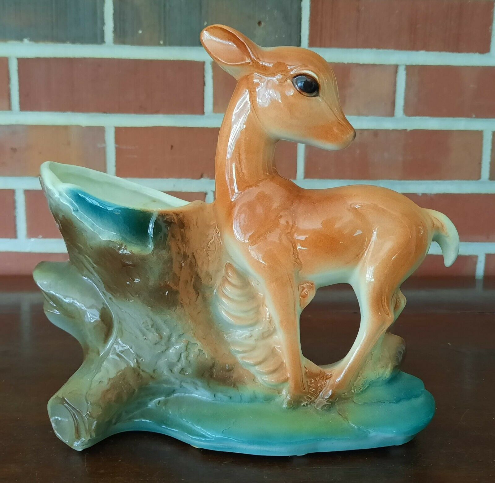 Royal Copley Ceramic Deer Doe Fawn Cornucopia Stump Vintage Mid-century Planter