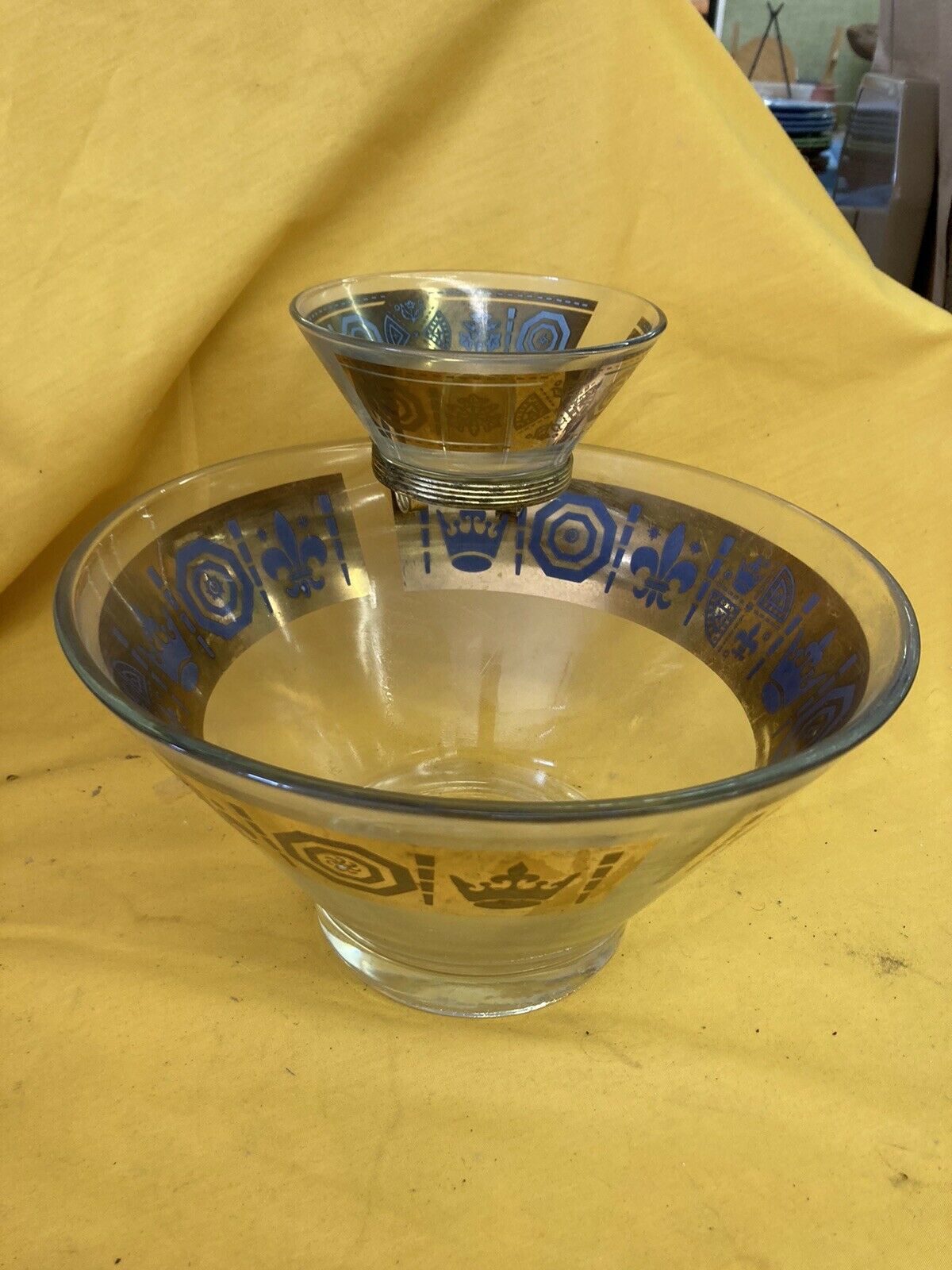 Vintage Chip & Dip Bowl Set Blue & Gold Foil Fleur De Lis Frosted Panels Fs