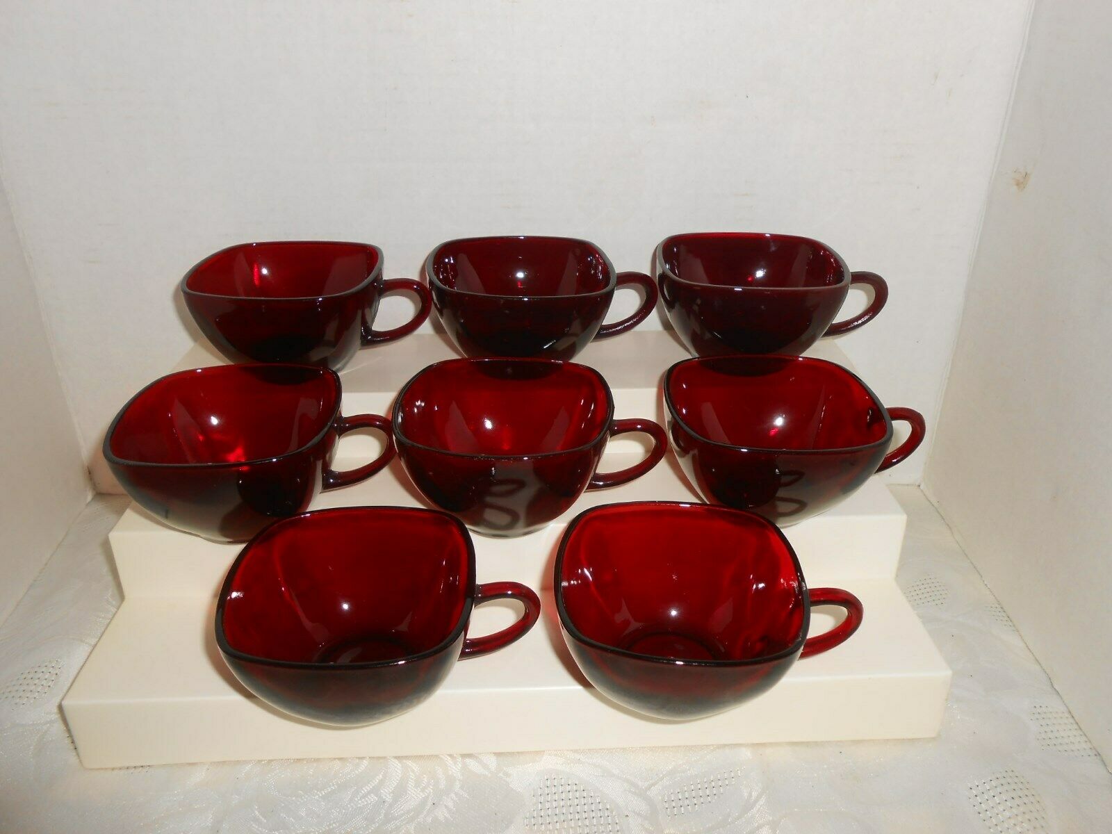 Vintage Anchor Hocking Fire King Charm Ruby Red Square 8 Coffee Tea Cups Xx