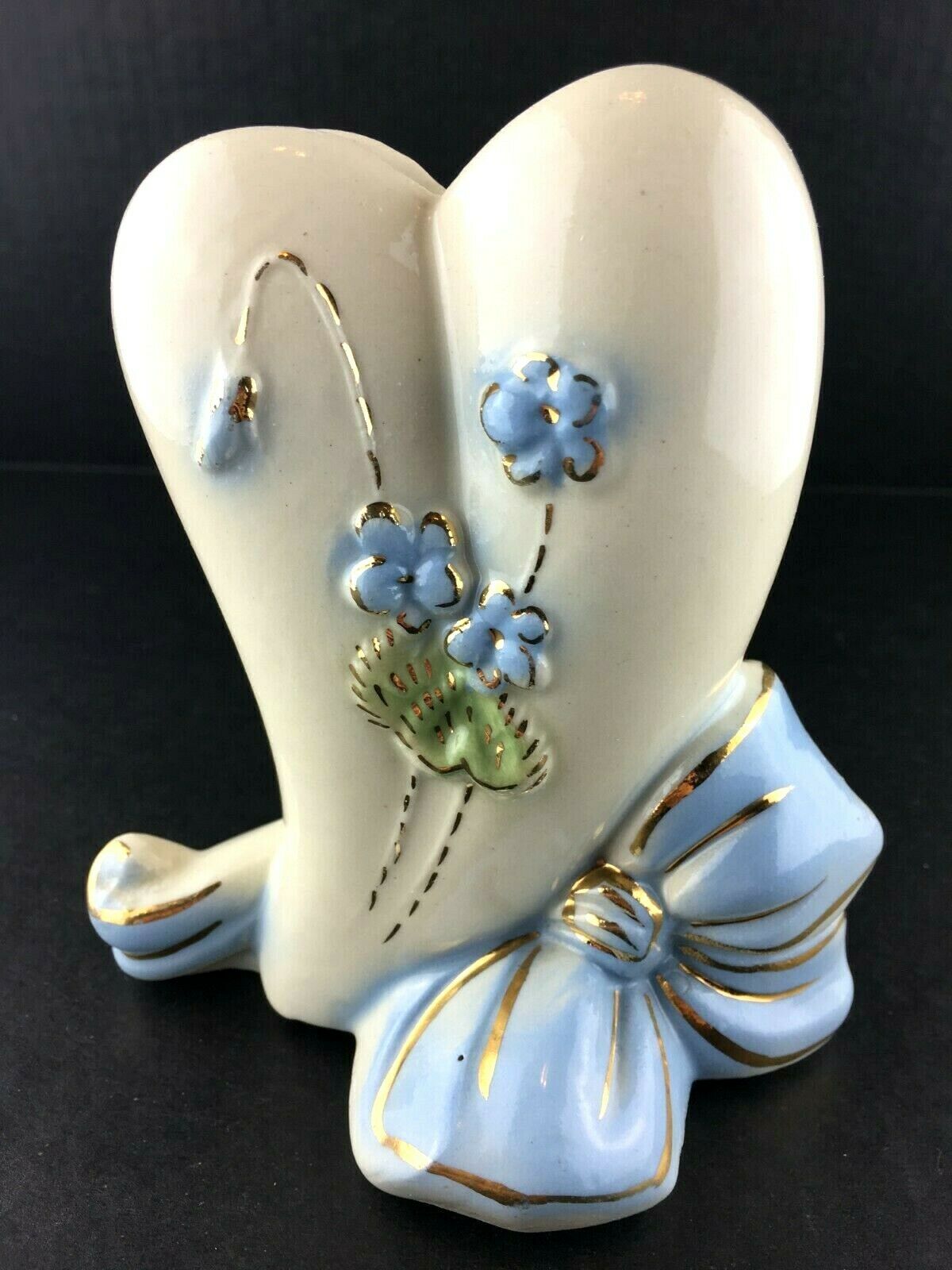 Vintage Royal Copley Ivory Heart Blue Flowers Blue Bow Ceramic Vase Gold Trim