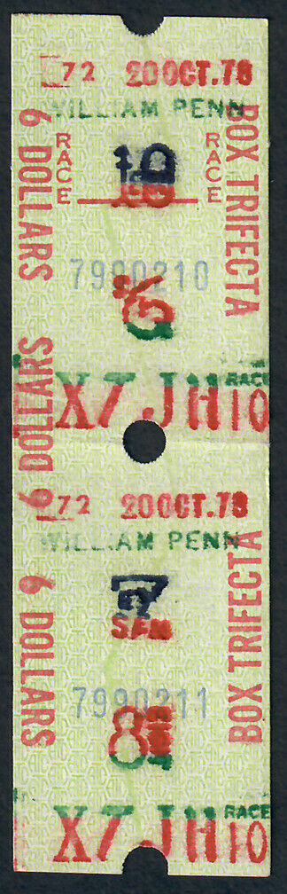William Penn Raceway - $6 Horse Racing Betting Ticket Stub! 1978 Tote Ticket