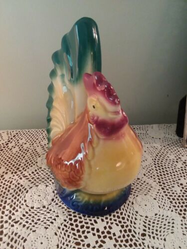 Vintage Royal Copley 8" Rare Ceramic Bank Figure Chicken Rooser Green Tail Gift!