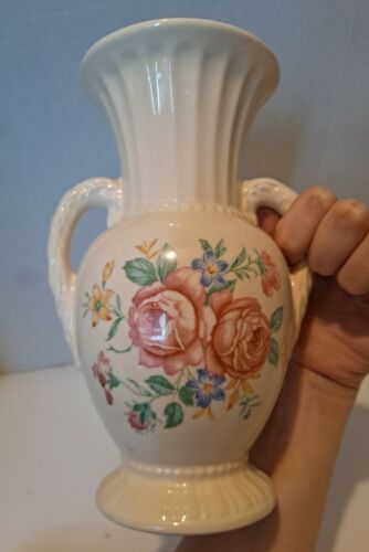 Royal Copley Floral Vase 8”. Pink Roses, Handles, Beautiful Crazing, Vintage