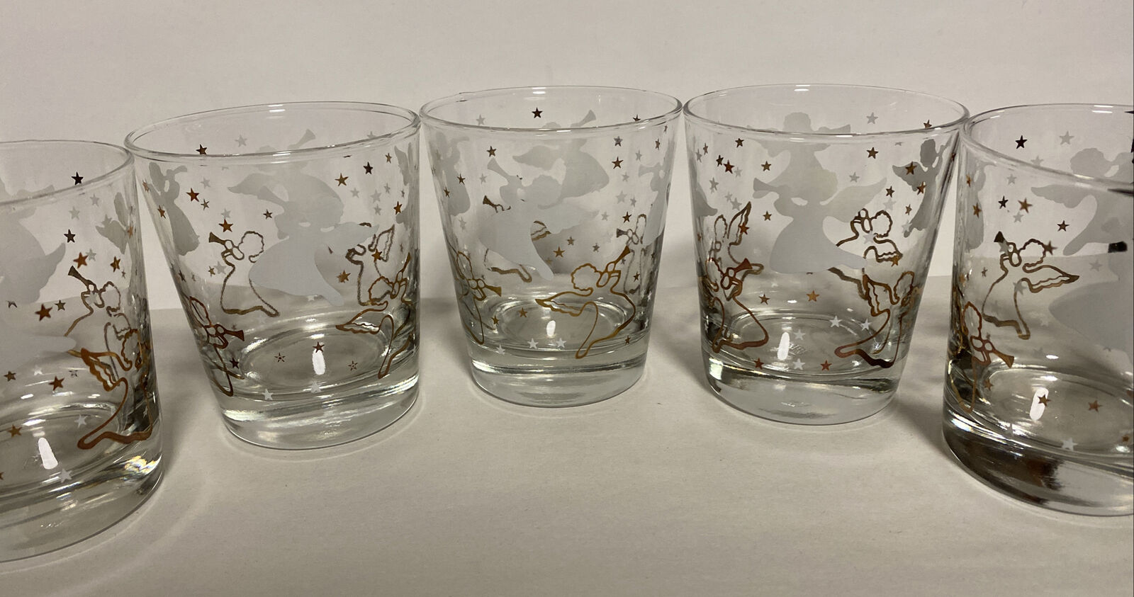 Vintage Anchor Hocking Clear Glasses With Gold & White Angels & Stars Design, 5